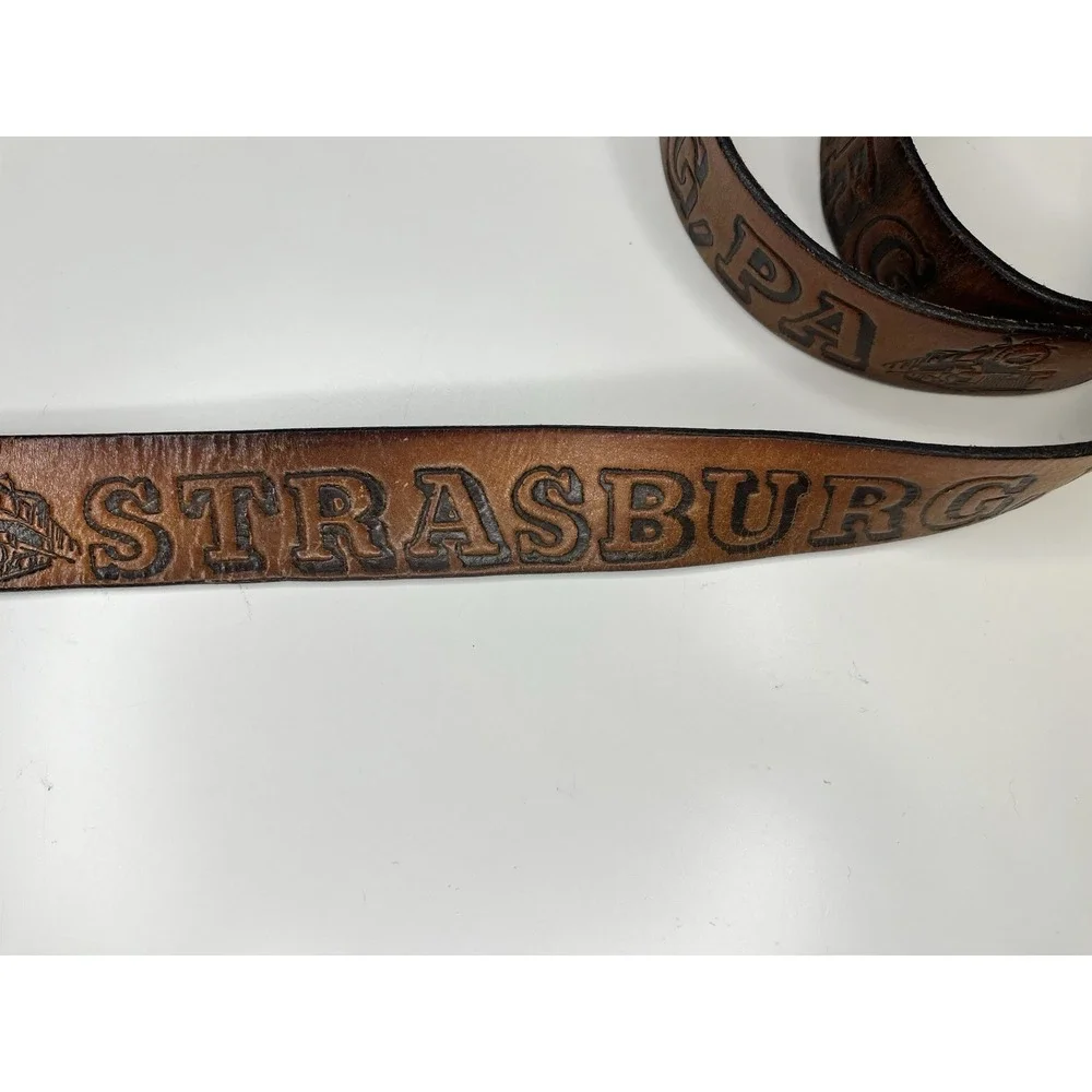 Vintage Tooled Leather Strasburg Pa Train Belt 36 - 42 Buckle USA‎
